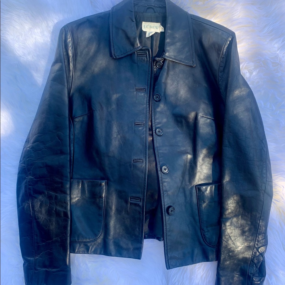 J.Crew black leather women’s jacket size small with outside pockets and lining